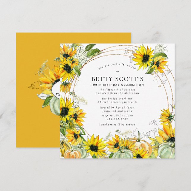 Convites Sunflower Pumpkin outono 100º aniversário (Frente/Verso)