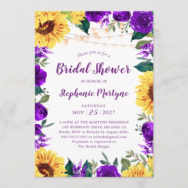 Convites Sunflower Purple Floral Border Light Bridal Shower (Frente)