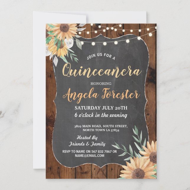 Convites Sunflower Quinceanera Party Wood Lights (Frente)