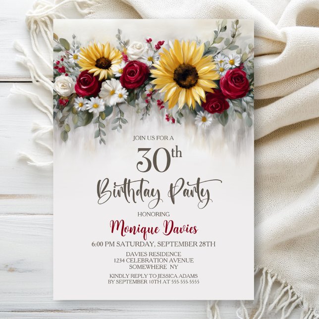 Convites Sunflower Red Rose Floral 30th Birthday Party (Criador carregado)
