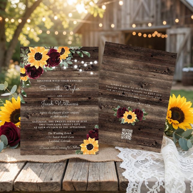 Convites Sunflower Roses Barn QR Code Wedding (Criador carregado)
