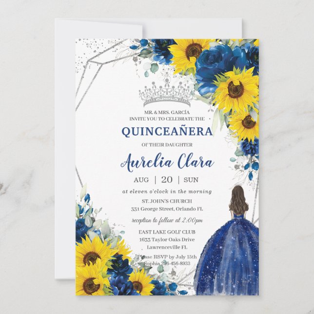 Convites Sunflower Royal Blue Floral Princesa Quinceañera (Frente)