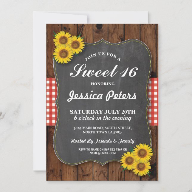 Convites Sunflower Rustic Sweet 16 Party Chalk Wood Invite (Frente)