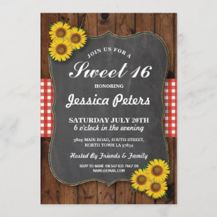 Convites Sunflower Rustic Sweet 16 Party Chalk Wood Invite