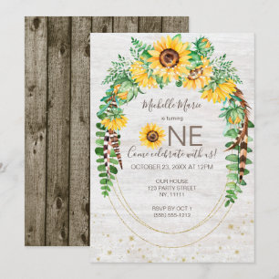 Convites Sunflower Rustic Wood Luzes Primeiro Aniversário