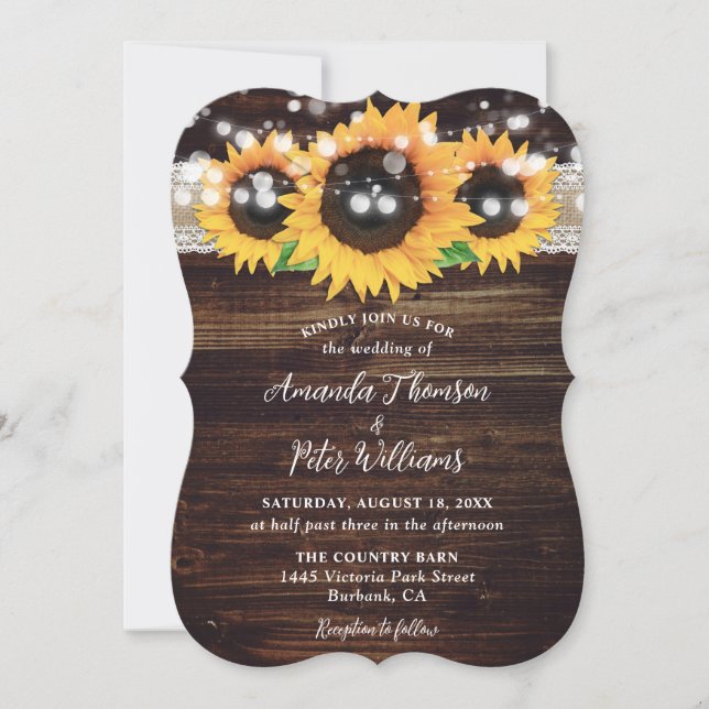 Convites Sunflower Rustic Wood String Luzes Casamento (Frente)
