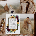 Convites Sunflower Save the Date Photo Rustic Country Cards<br><div class="desc">2 Modelo de foto por padrão — um na frente e atrás. Você pode excluir o verso se quiser apenas uma foto e tiver um fundo branco comum ou adicionar um fundo de sua escolha. Design apresenta elegantes rosas de aquarelas, peônias, flores silvestres e girassóis em vários tons de vermelho-burgundy,...</div>