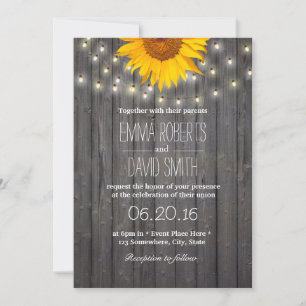 Convites Sunflower & String Lights Barn Wood Casamento