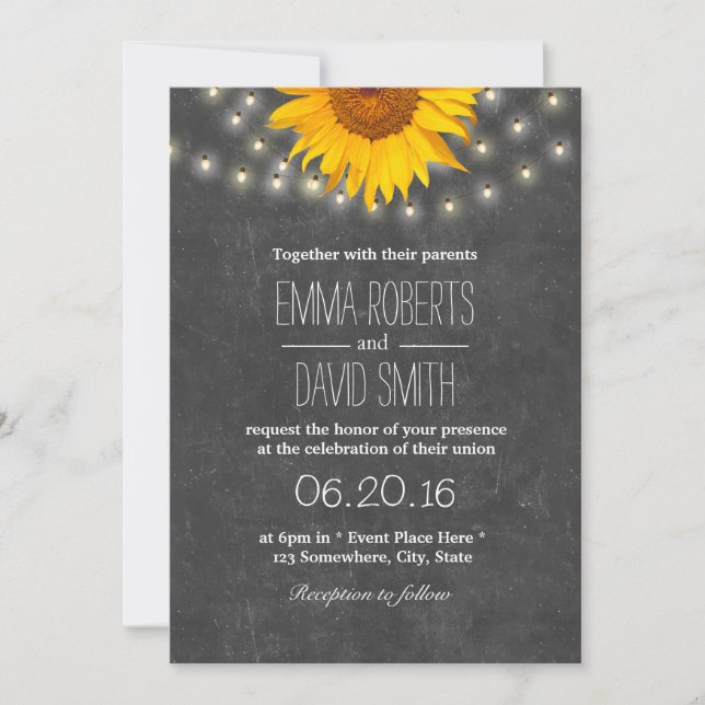 Convites Sunflower & String Lights Casamento (Frente)