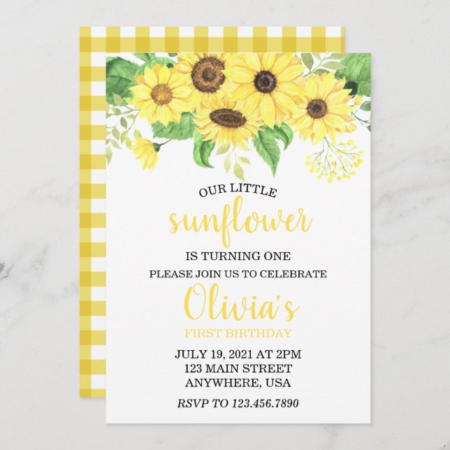 Convites Sunflower Summer First Birday (Frente/Verso)