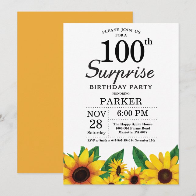 Convites Sunflower Surprise 100th Aniversário (Frente/Verso)
