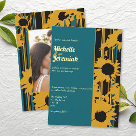 Convites Sunflower Teal Blue Gold Modern Wedding