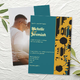 Convites Sunflower Teal Blue Gold Modern Wedding Photo