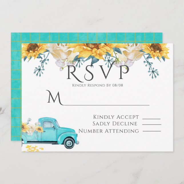 Convites Sunflower Turquoise Vintage Truck Casamento RSVP (Frente/Verso)