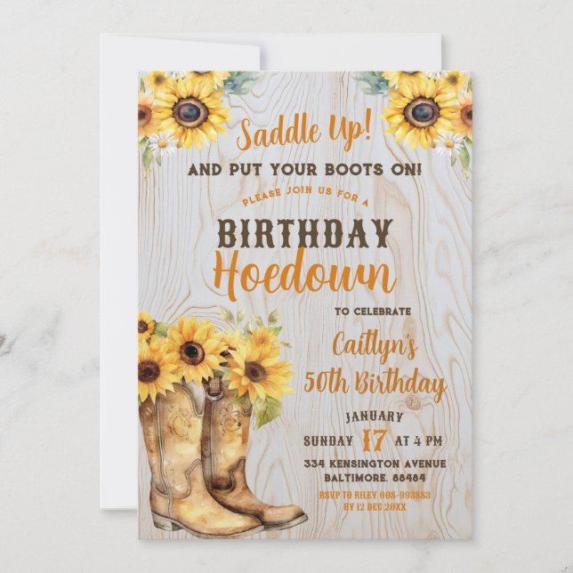 Convites Sunflower Western Hoedown Russo Birthday Cowgirl (Frente)