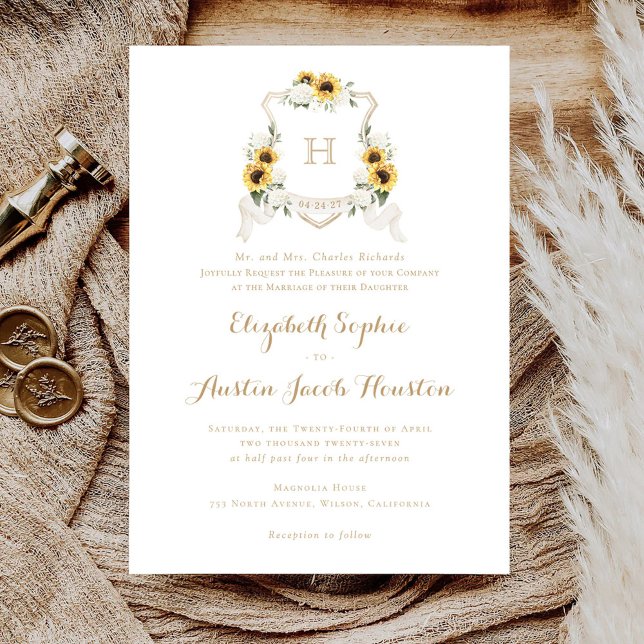 Convites Sunflower White Hydrangea Greenery Crest Casamento (Criador carregado)