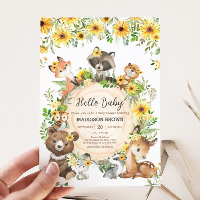 Convites Sunflower Woodland Animals Baby Shower (Sunflower Woodland Animals Floral Baby Shower Invitation)