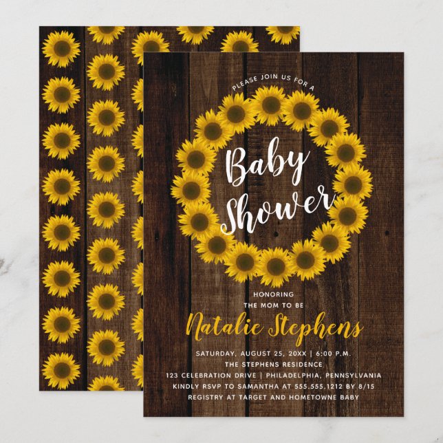 Convites Sunflower Wreath Wood Chá de fraldas Invite (Frente/Verso)