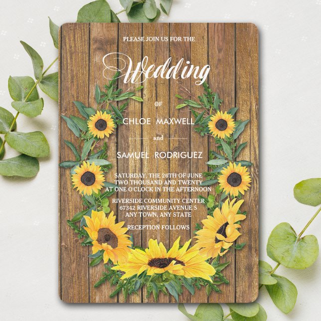 Convites Sunflower Wreath Wood Invitation (Criador carregado)