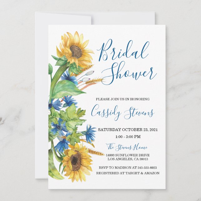 Convites Sunflower Yellow Blue Floral Fall Bridal Shower (Frente)