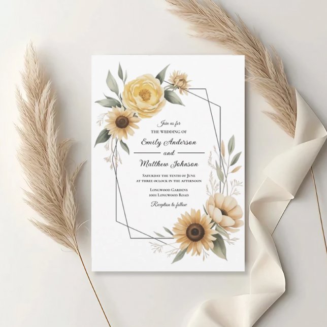 Convites Sunflower Yellow Floral Frame Wedding Invitation (Criador carregado)