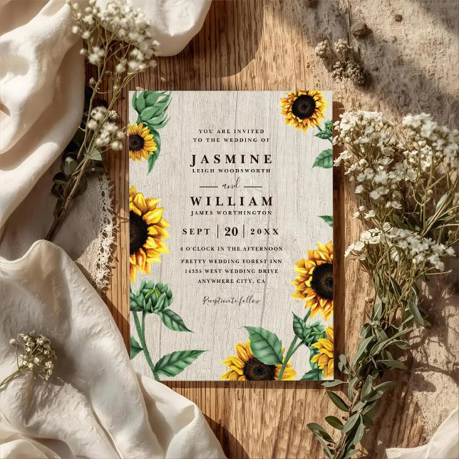 Convites Sunflowers And Wood Rustic Country QR Code Wedding (Criador carregado)