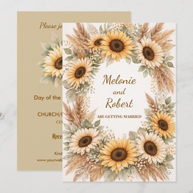 Convites Sunflowers Earthy Boho Wedding Invitation (Frente/Verso)