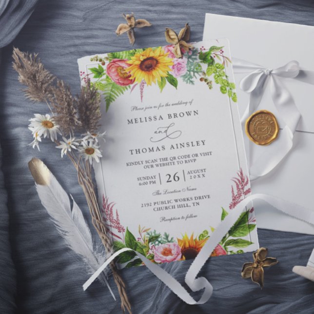 Convites Sunflowers Floral Pink Rustic Chic QR Code Wedding (Criador carregado)