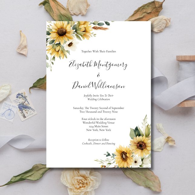 Convites Sunflowers Rustic Farmhouse Elegant Formal Wedding (Sunflower Watercolor Florals Rustic Farmhouse Country Wedding invitation, Printed or Digital)
