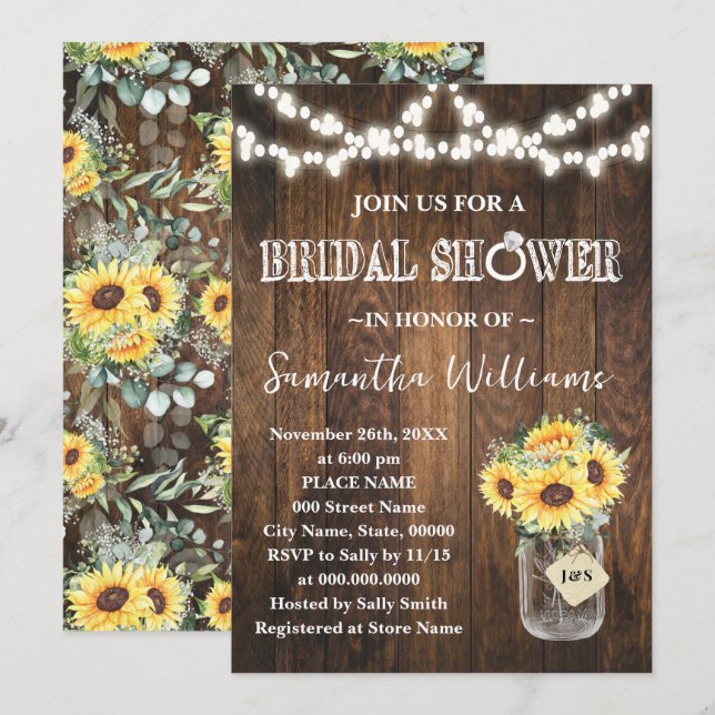 Convites Sunflowers Western Bridal Shower Wedding Shower (Frente/Verso)