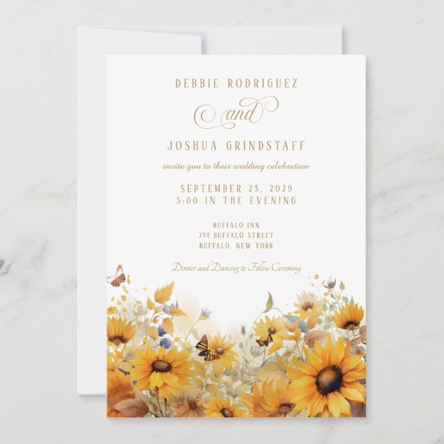 Convites Sunflowers with Butterflies Wedding Invitation  (Frente)