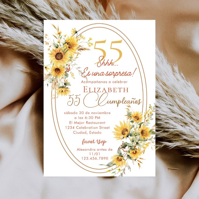 Convites Sunflowers Women Spanish Surprise 55th Birthday (Criador carregado)