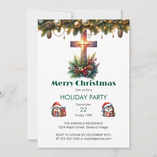 Convites Sunlit Cross com Holly, Natal (Frente)