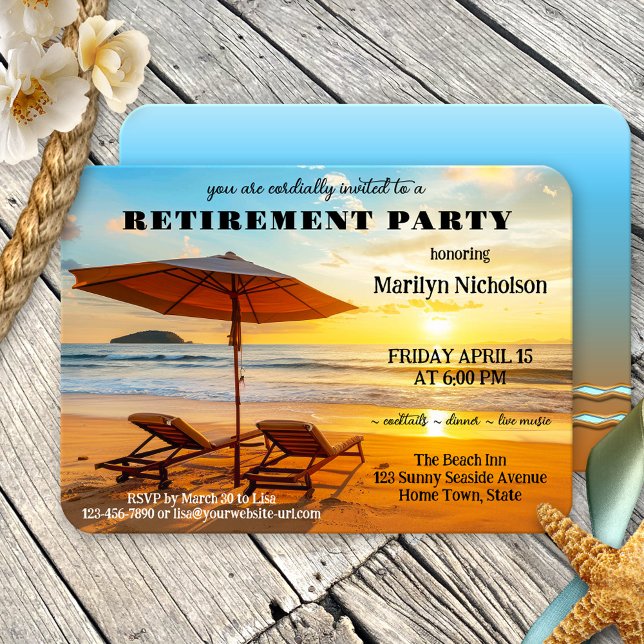 Convites Sunny Beach Retirement Party (A relaxing retirement party invitation featuring lounge chairs on the beach at sunset)
