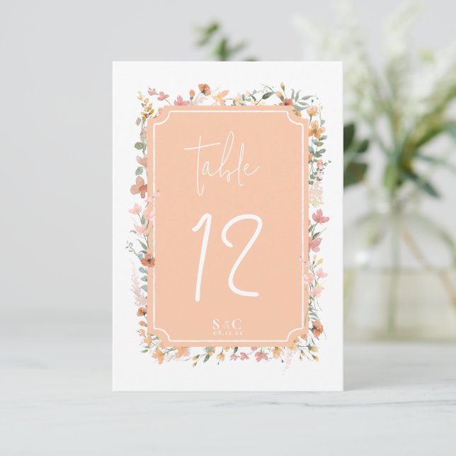 Convites Sunny Wildflower Table Number Peach ID1023 (Em pé/Frente)