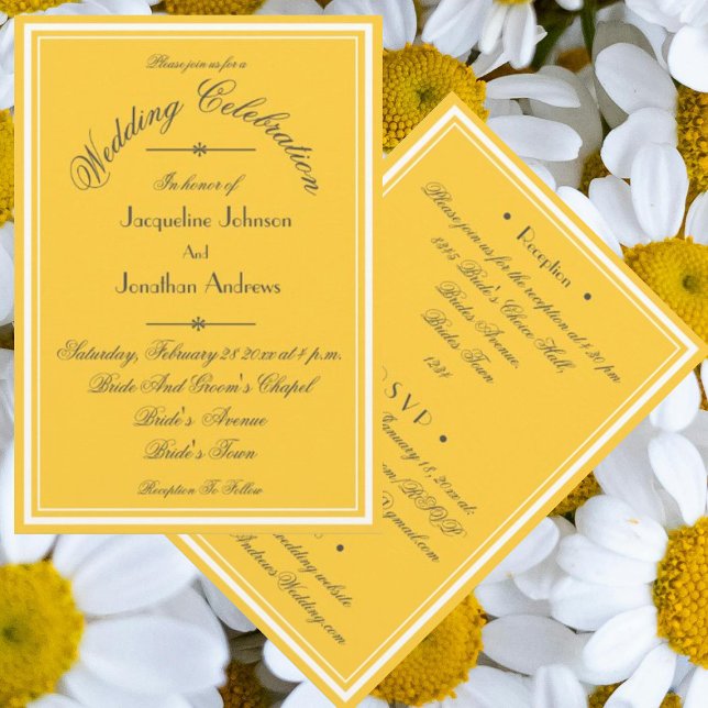 Convites Sunny Yellow All In One RSVP Email Website Casamen (Sunny yellow All-In-One wedding invitations with chic elegant script, RSVP, email, website etc.)