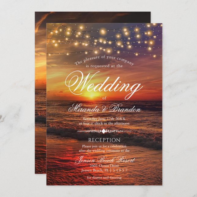 Convites Sunset Beach Lights Summer Wedand Reception (Frente/Verso)