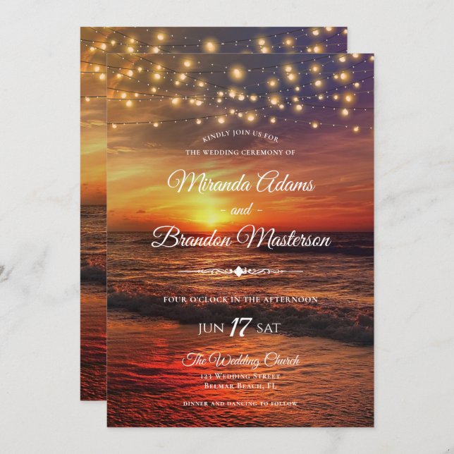 Convites Sunset Beach String Lights Summer Wedemony (Frente/Verso)