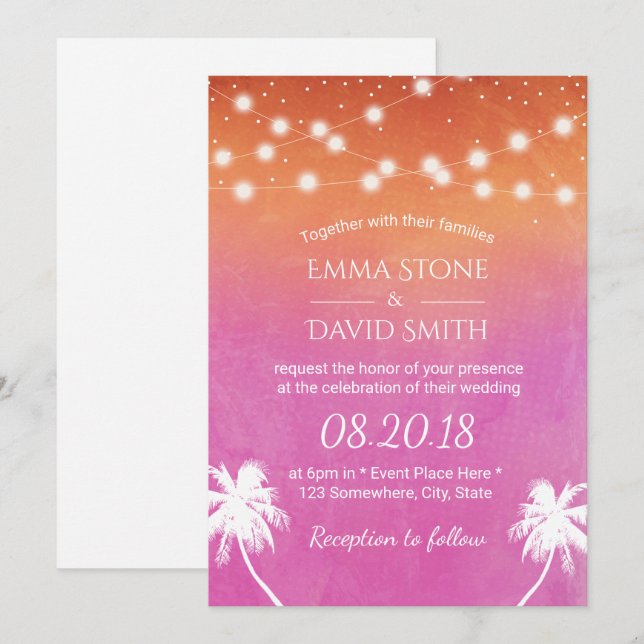 Convites Sunset Beach Wedding Palm Trees Elegante Watercolo (Frente/Verso)