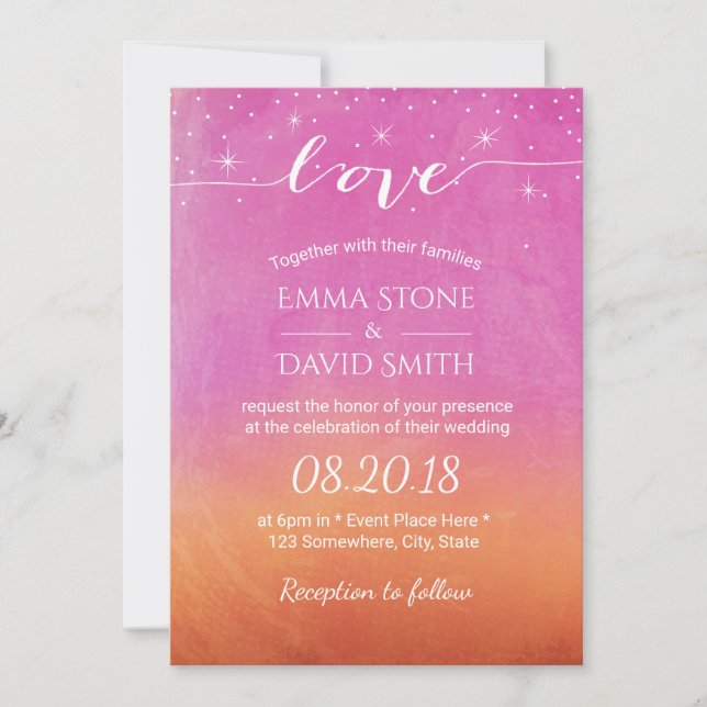Convites Sunset Beach Wedding Script Love Watercolor (Frente)