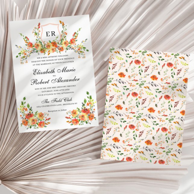 Convites Sunset Bloom Monograma Floral Crest Casamento (Criador carregado)