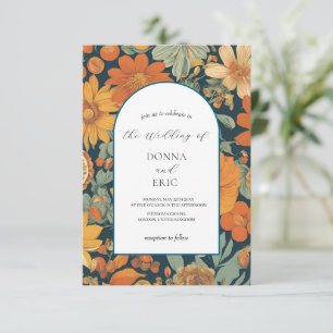 Convites Sunset Blooms: Casamento Floral Laranja da Vintage