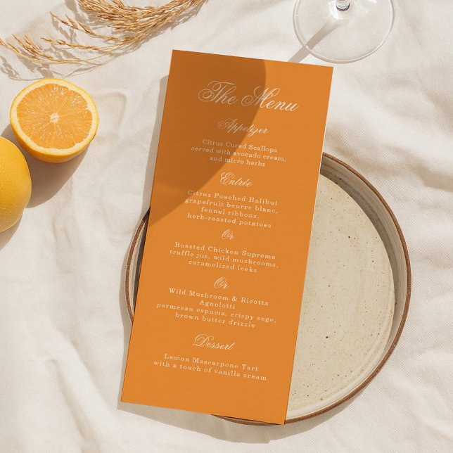 Convites Sunset Glow Orange Script Wedding Menu Card (Criador carregado)
