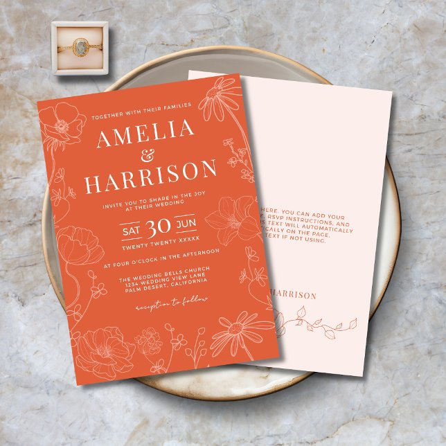 Convites Sunset Orange Elegant Wedding (Sunset Orange Elegant Wedding Invitation with Delicate Flowers, Modern Typography, Spring, Summer.)