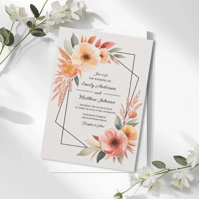 Convites Sunset Orange Floral Frame Wedding Invitation (Criador carregado)