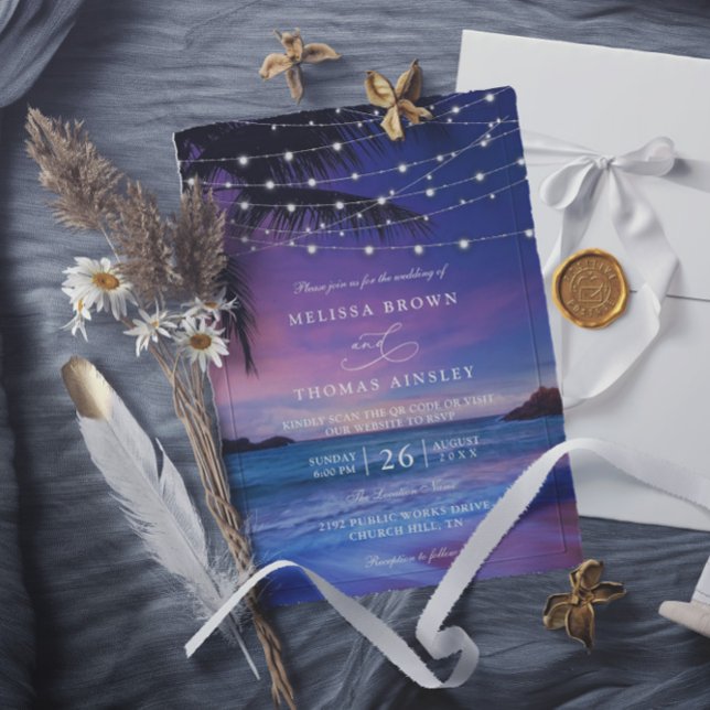 Convites Sunset String Light Tropical Beach QR Code Wedding (Criador carregado)
