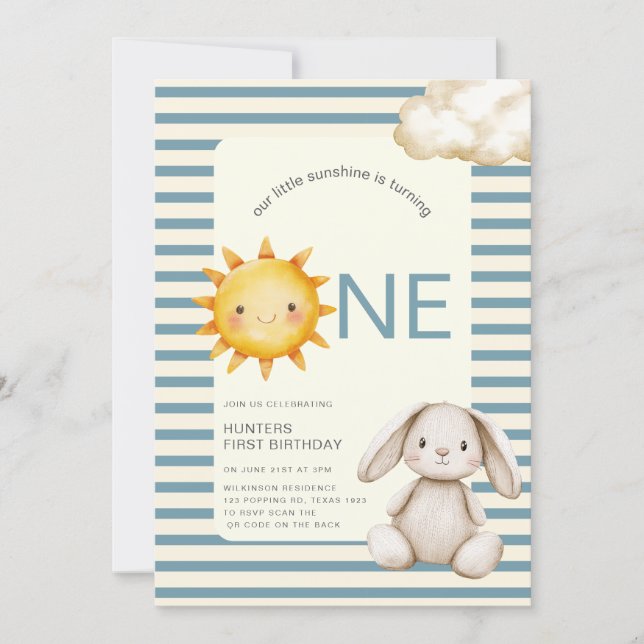 Convites Sunshine Cute Bunny First Birthday OR code (Frente)