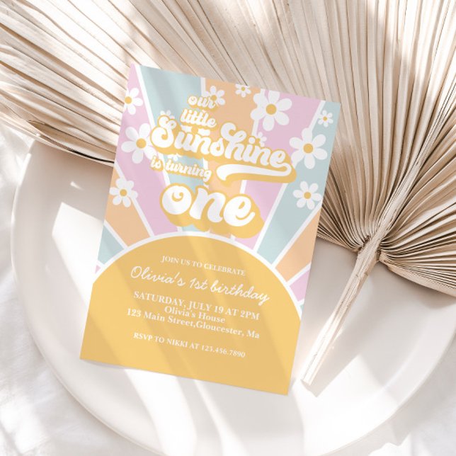 Convites Sunshine daisy boho floral pastel primeiro anivers (Criador carregado)