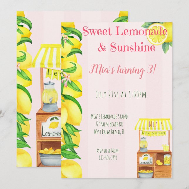 Convites Sunshine e Sweet Lemonade Stand Girls Aniversário (Frente/Verso)