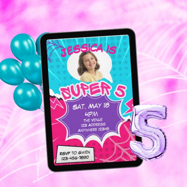 Convites Super 5 Pink Purple Web Comic 5th Birthday  (Criador carregado)